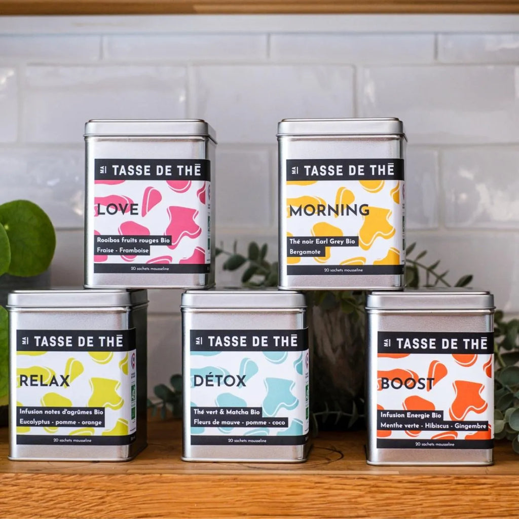 Sachets de thé personnalisés avec une illustration florale 5 recettes de thé et infusion bio. Cadeaux personnalisés fabriqués à Bordeaux et cousus à la main, 100% compostables et zéro déchet